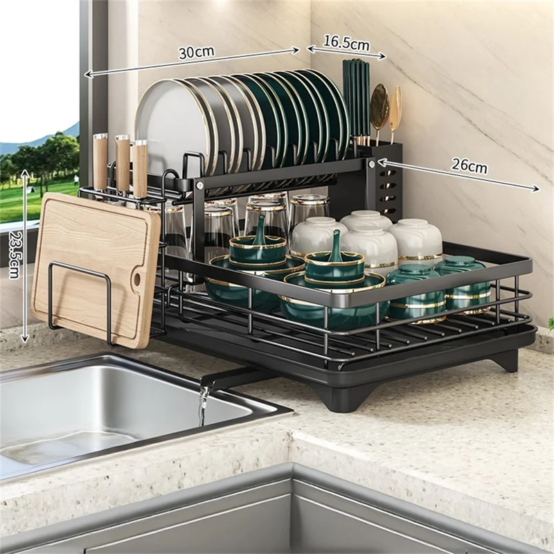 2-ярусная сушилка для посуды из углеродистой стали, органайзер для кухонных тарелок с дуршлагом, держателем разделочной доски и приборов - Черный