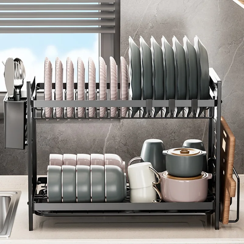 To-lags taller til tallertering af tallerkener i jern til køkkenarbejdspladen med holder til bestik - Sort