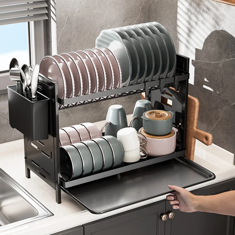 To-lags taller til tallertering af tallerkener i jern til køkkenarbejdspladen med holder til bestik - Sort