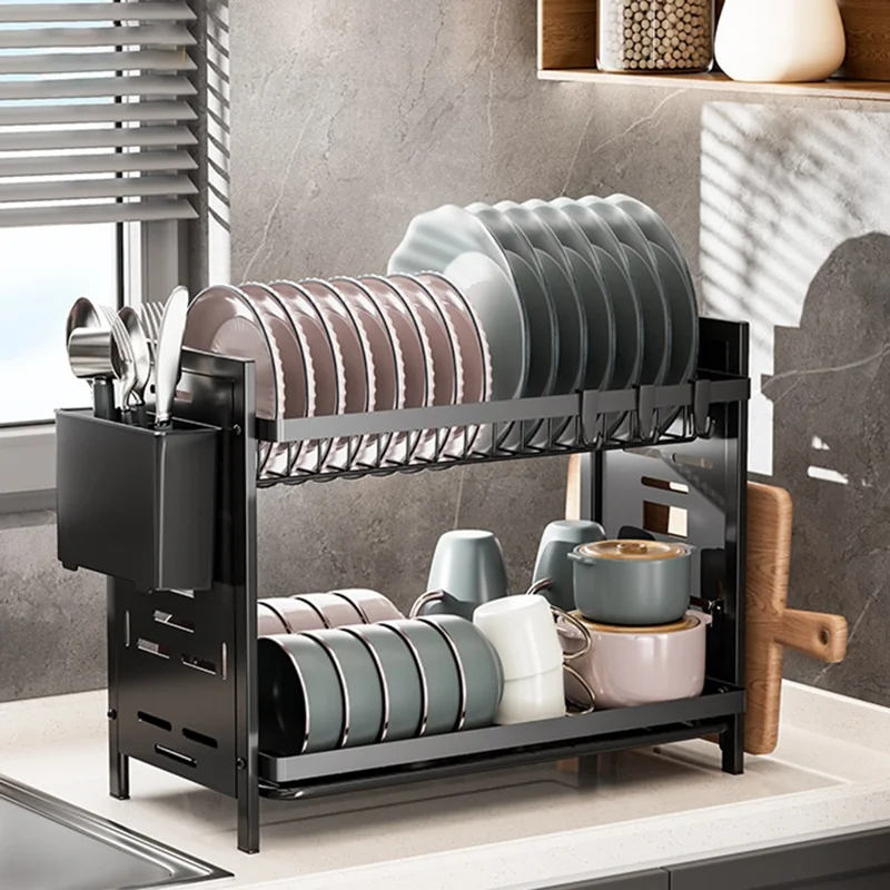 To-lags taller til tallertering af tallerkener i jern til køkkenarbejdspladen med holder til bestik - Sort