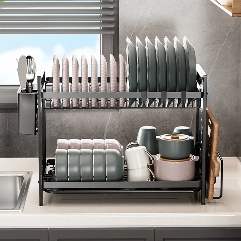 To-lags taller til tallertering af tallerkener i jern til køkkenarbejdspladen med holder til bestik - Sort