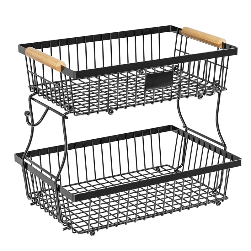 2 Tiers Detachable Fruit Basket Stand with Wooden Handle Iron Desktop Vegetable Storage Organizer Rack - Black