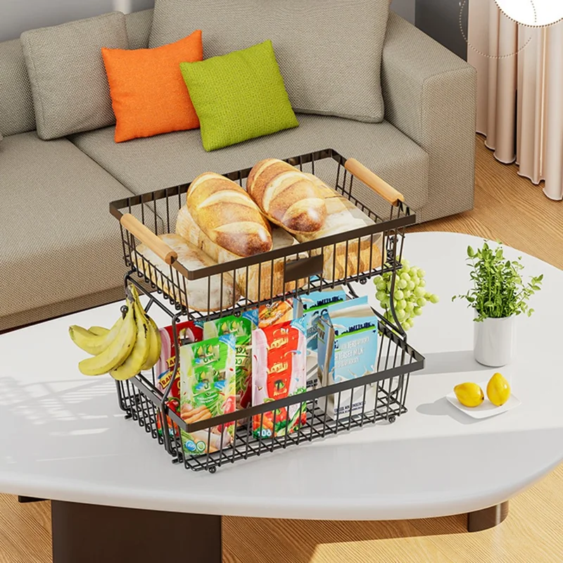 2 Tiers Detachable Fruit Basket Stand with Wooden Handle Iron Desktop Vegetable Storage Organizer Rack - Black