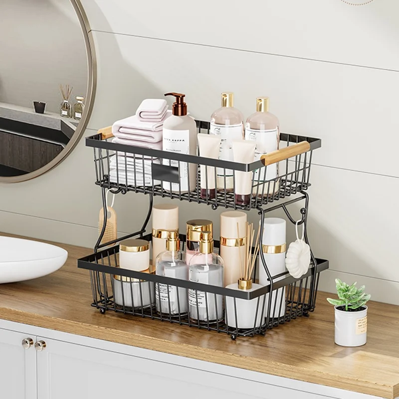 2 Tiers Detachable Fruit Basket Stand with Wooden Handle Iron Desktop Vegetable Storage Organizer Rack - Black