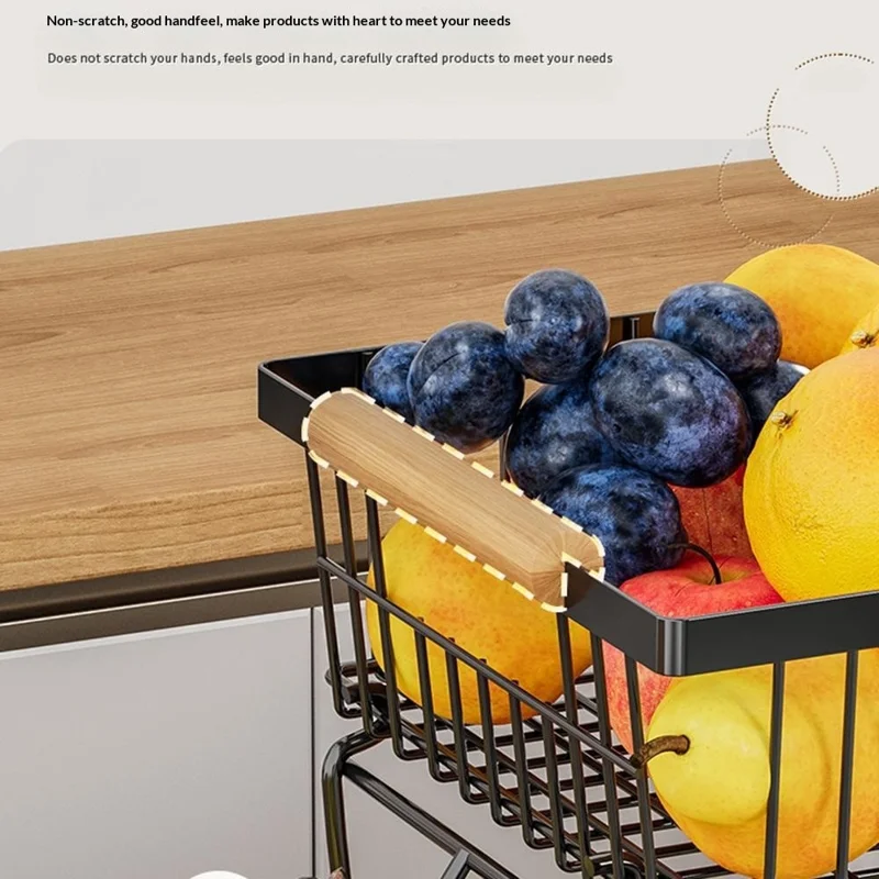 2 Tiers Detachable Fruit Basket Stand with Wooden Handle Iron Desktop Vegetable Storage Organizer Rack - Black