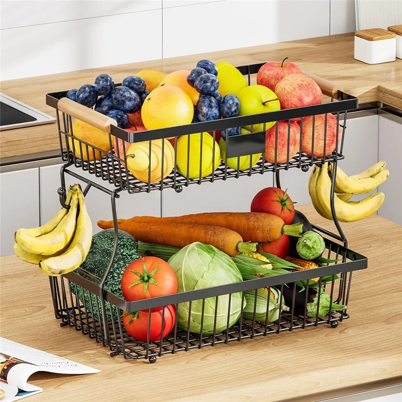 2 Tiers Detachable Fruit Basket Stand with Wooden Handle Iron Desktop Vegetable Storage Organizer Rack - Black