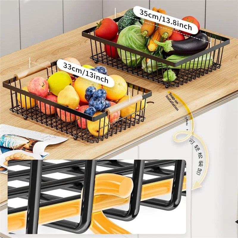 2 Tiers Detachable Fruit Basket Stand with Wooden Handle Iron Desktop Vegetable Storage Organizer Rack - Black