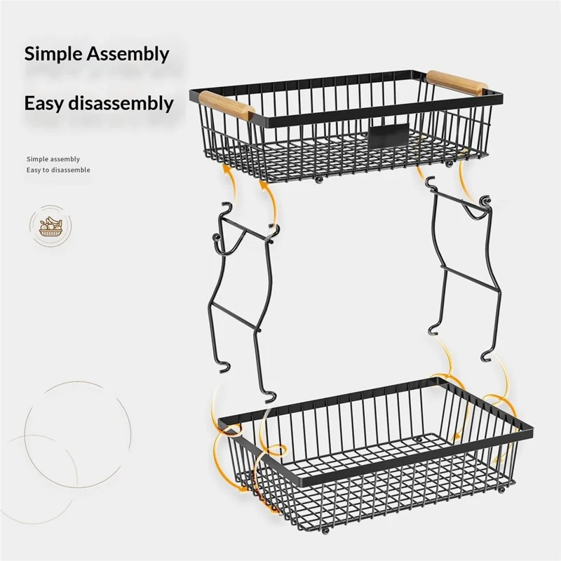 2 Tiers Detachable Fruit Basket Stand with Wooden Handle Iron Desktop Vegetable Storage Organizer Rack - Black