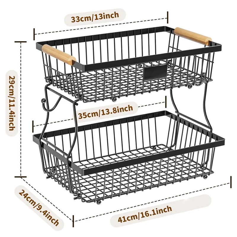 2 Tiers Detachable Fruit Basket Stand with Wooden Handle Iron Desktop Vegetable Storage Organizer Rack - Black