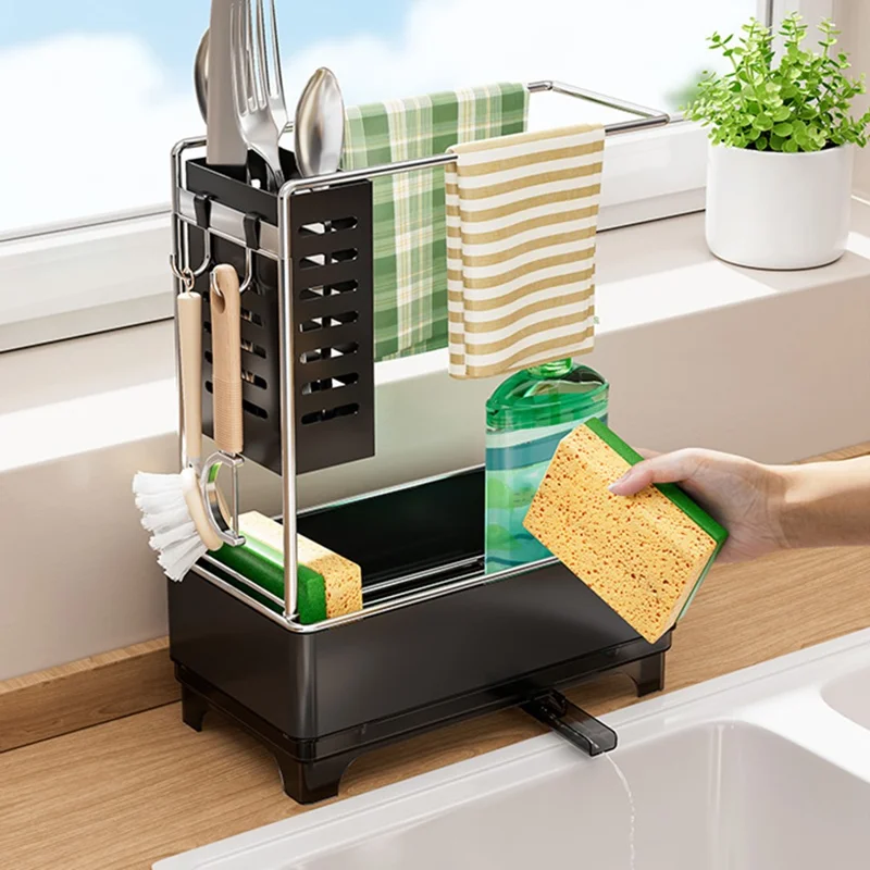 Kitchen Sink Organizer Rack Sponge Holder Dish Cloth Drying Rack with Drainage - Matte Black