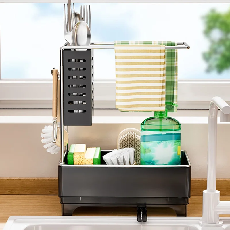 Kitchen Sink Organizer Rack Sponge Holder Dish Cloth Drying Rack with Drainage - Matte Black