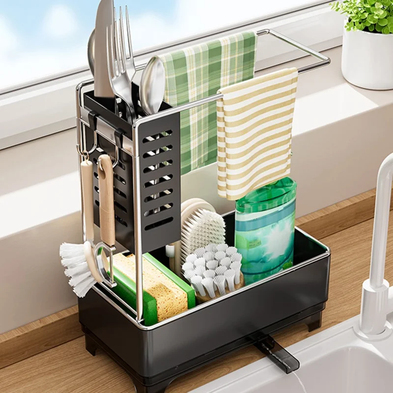 Kitchen Sink Organizer Rack Sponge Holder Dish Cloth Drying Rack with Drainage - Matte Black