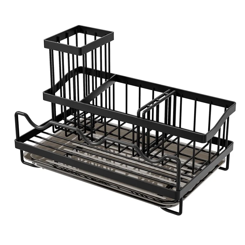 رف منظم لحوض المطبخ من الحديد مع أقسام متعددة وحامل بطبقات إزالة قطرات - أسود