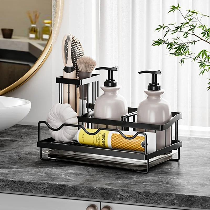 رف منظم لحوض المطبخ من الحديد مع أقسام متعددة وحامل بطبقات إزالة قطرات - أسود