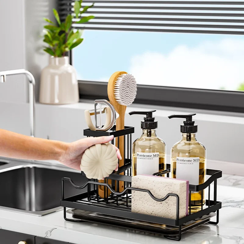 رف منظم لحوض المطبخ من الحديد مع أقسام متعددة وحامل بطبقات إزالة قطرات - أسود