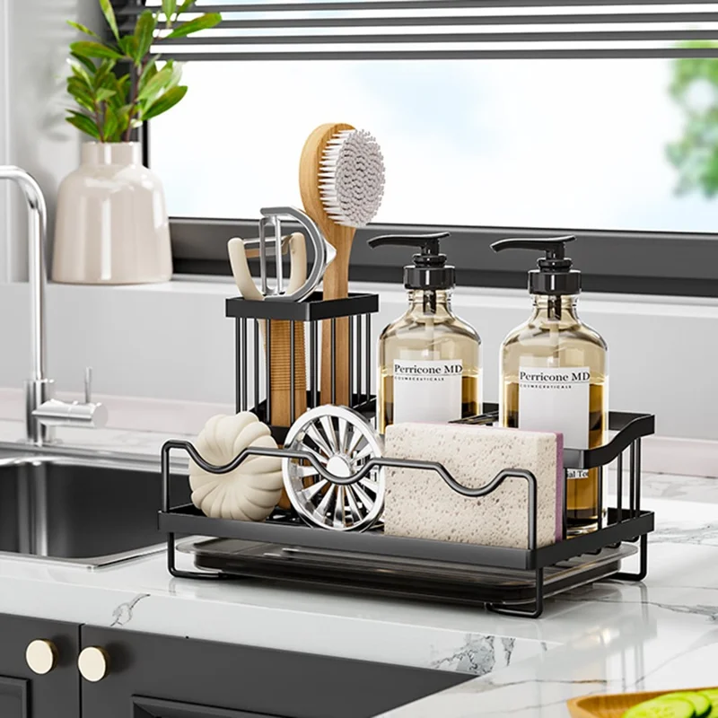 رف منظم لحوض المطبخ من الحديد مع أقسام متعددة وحامل بطبقات إزالة قطرات - أسود