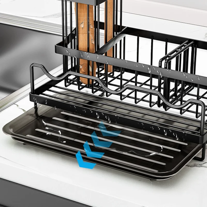 رف منظم لحوض المطبخ من الحديد مع أقسام متعددة وحامل بطبقات إزالة قطرات - أسود