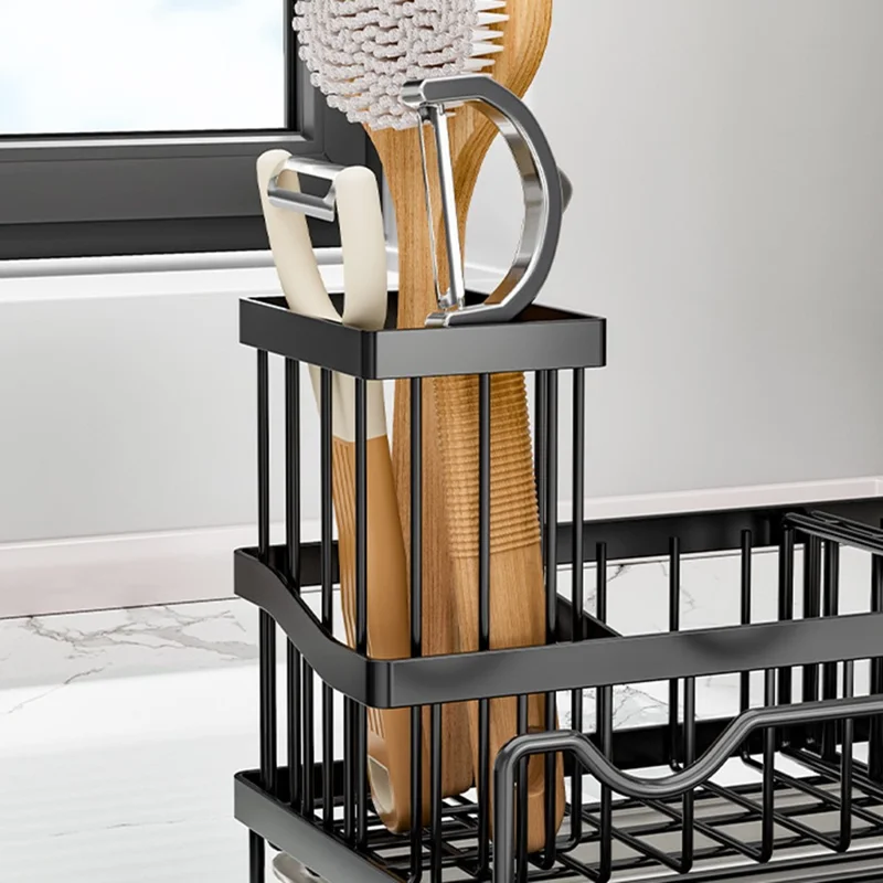 رف منظم لحوض المطبخ من الحديد مع أقسام متعددة وحامل بطبقات إزالة قطرات - أسود