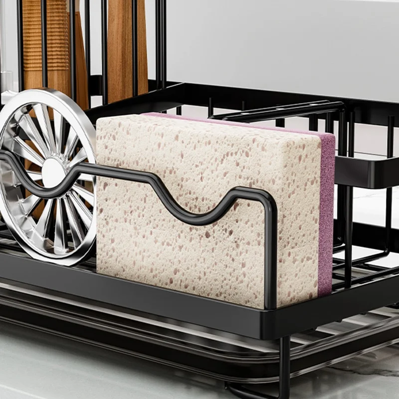 رف منظم لحوض المطبخ من الحديد مع أقسام متعددة وحامل بطبقات إزالة قطرات - أسود