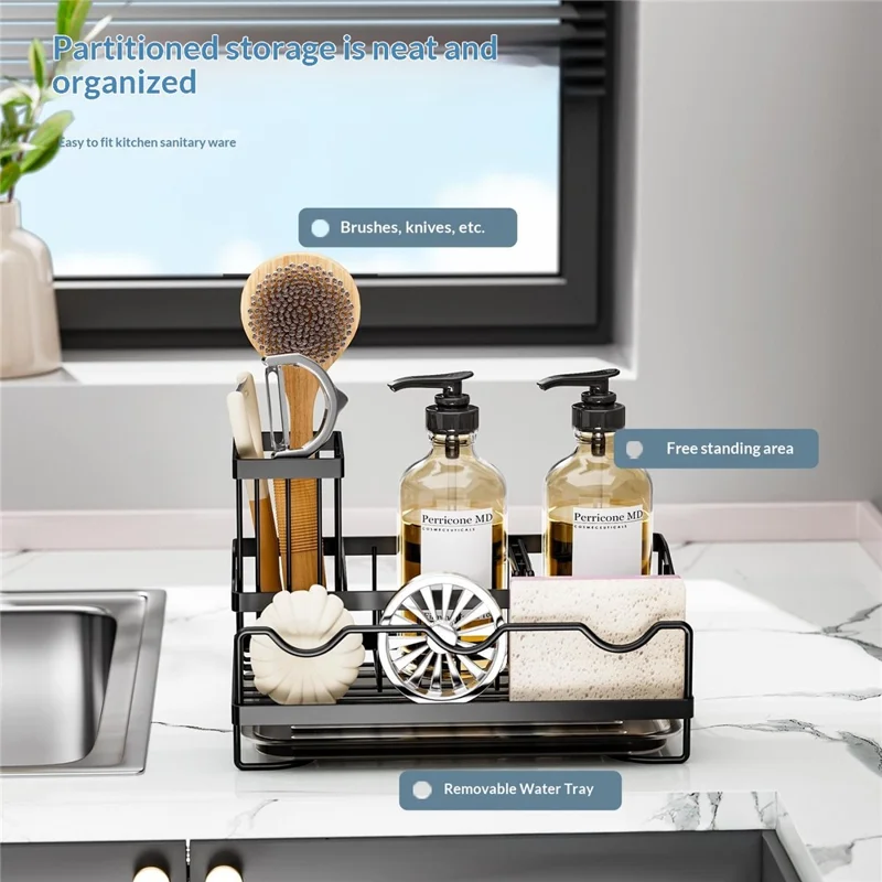 رف منظم لحوض المطبخ من الحديد مع أقسام متعددة وحامل بطبقات إزالة قطرات - أسود
