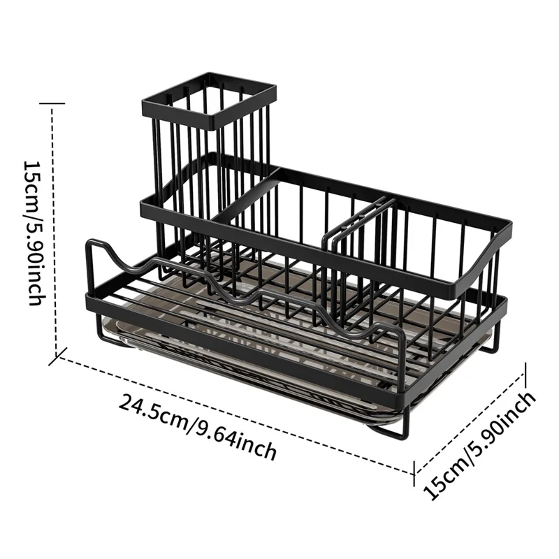 رف منظم لحوض المطبخ من الحديد مع أقسام متعددة وحامل بطبقات إزالة قطرات - أسود