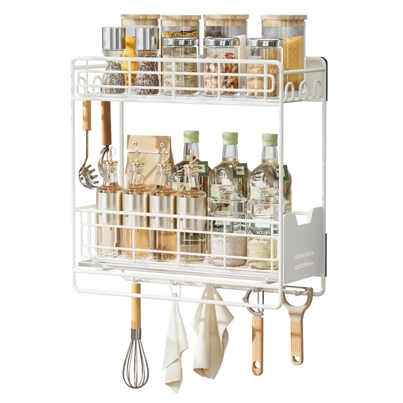 Magnetic Pull-Out Fridge Storage Rack Spice Organizer with Hooks - White