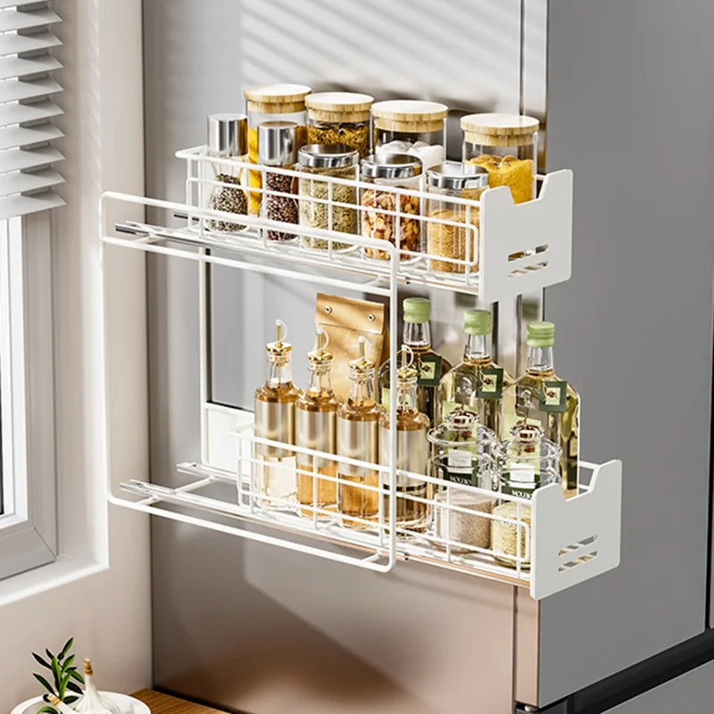 Magnetic Pull-Out Fridge Storage Rack Spice Organizer with Hooks - White
