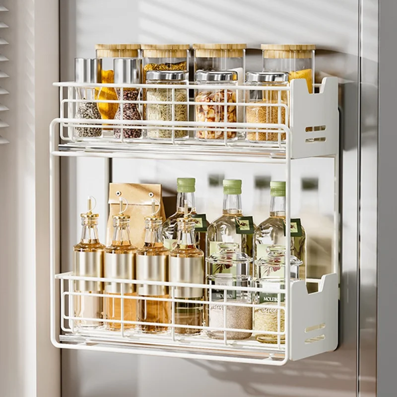 Magnetic Pull-Out Fridge Storage Rack Spice Organizer with Hooks - White