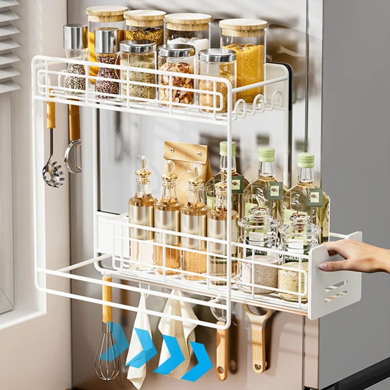 Magnetic Pull-Out Fridge Storage Rack Spice Organizer with Hooks - White