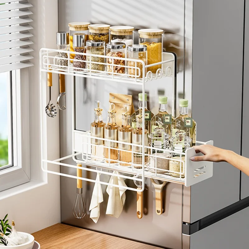 Magnetic Pull-Out Fridge Storage Rack Spice Organizer with Hooks - White