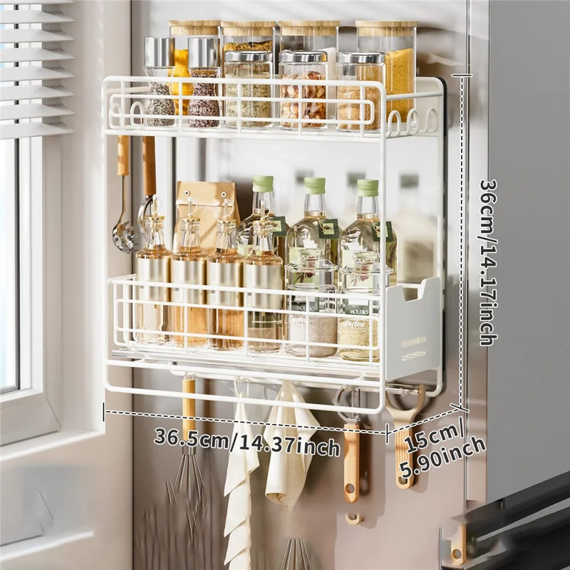 Magnetic Pull-Out Fridge Storage Rack Spice Organizer with Hooks - White