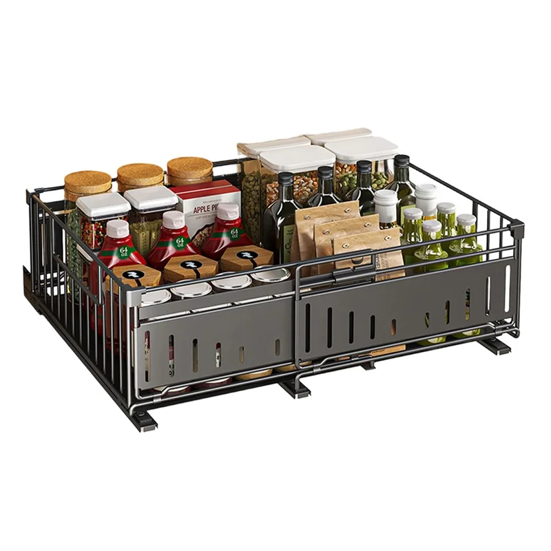 Kitchen Drawer Organizer Expandable Pull Out Storage Basket Cabinet Shelf Rack - Black