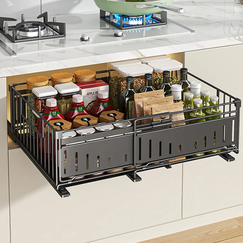 Kitchen Drawer Organizer Expandable Pull Out Storage Basket Cabinet Shelf Rack - Black
