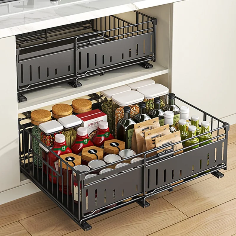 Kitchen Drawer Organizer Expandable Pull Out Storage Basket Cabinet Shelf Rack - Black