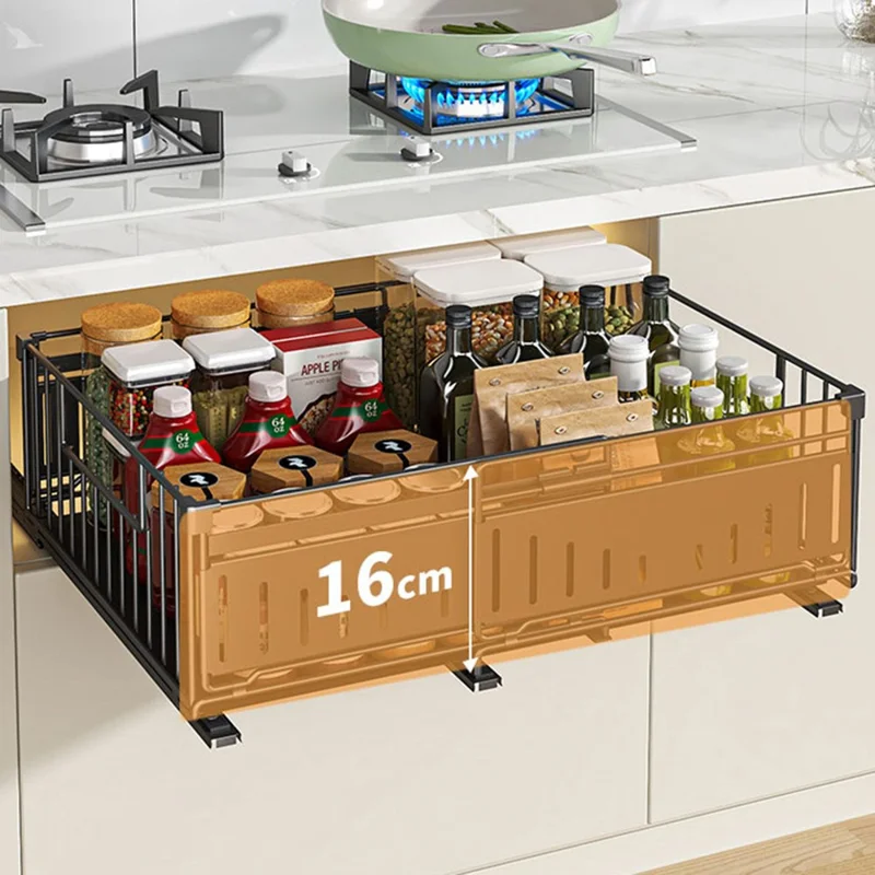 Kitchen Drawer Organizer Expandable Pull Out Storage Basket Cabinet Shelf Rack - Black