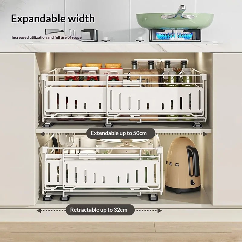 Kitchen Drawer Organizer Expandable Pull Out Storage Basket Cabinet Shelf Rack - Black