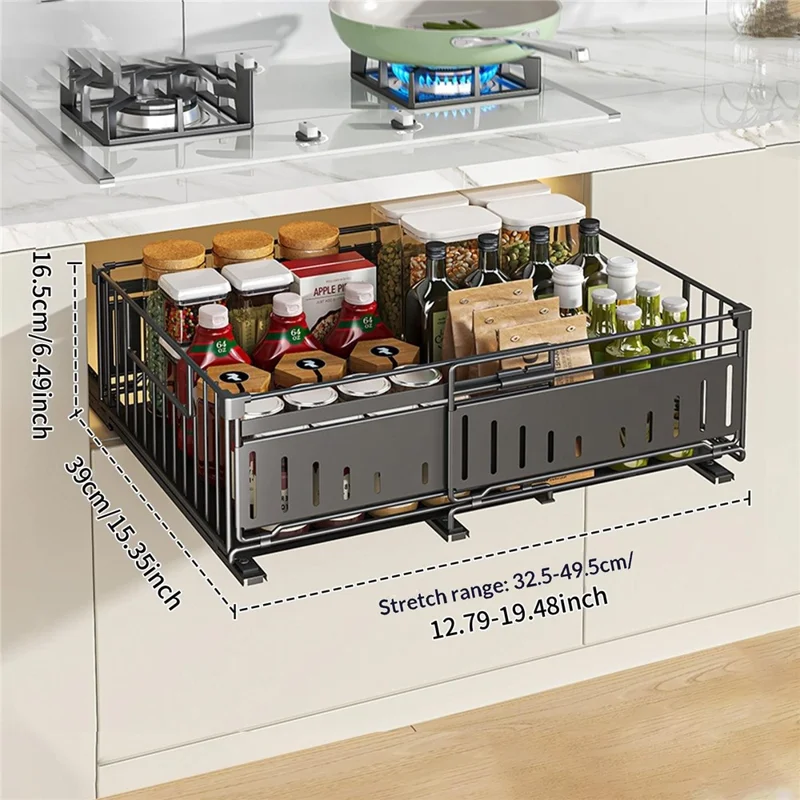 Kitchen Drawer Organizer Expandable Pull Out Storage Basket Cabinet Shelf Rack - Black