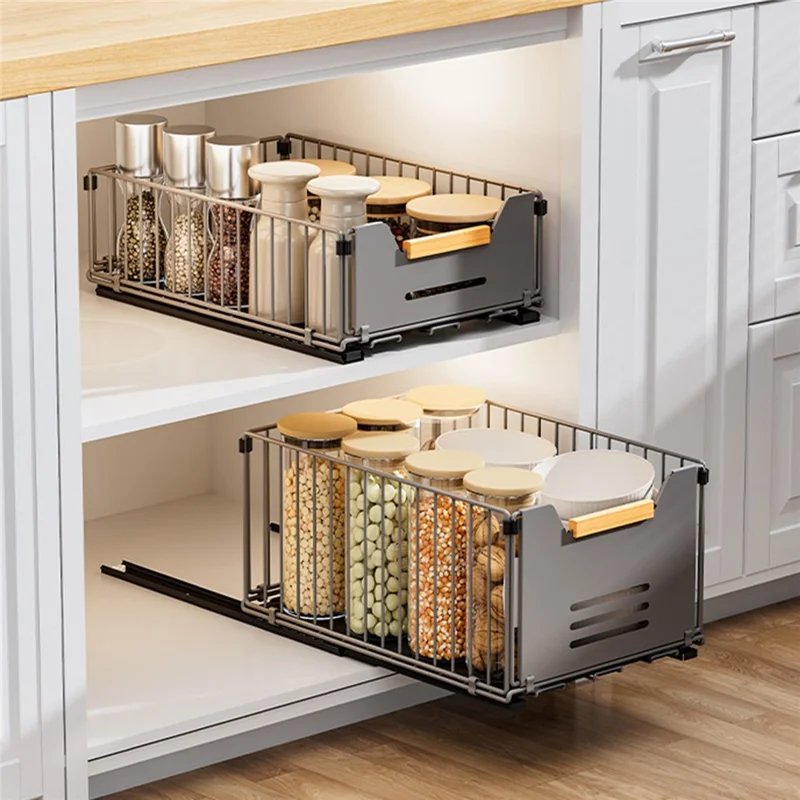 Size S 24.5 x 37.5 x 12cm Pull Out Kitchen Cabinet Organizer Rack Slide Drawer Basket - Grey