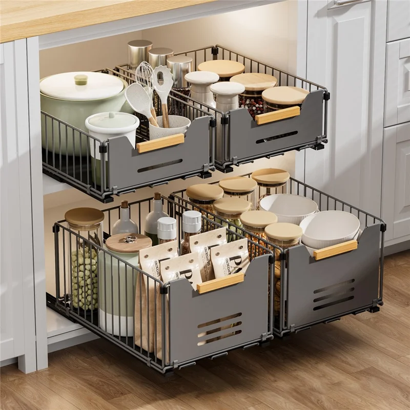 Size S 24.5 x 37.5 x 12cm Pull Out Kitchen Cabinet Organizer Rack Slide Drawer Basket - Grey