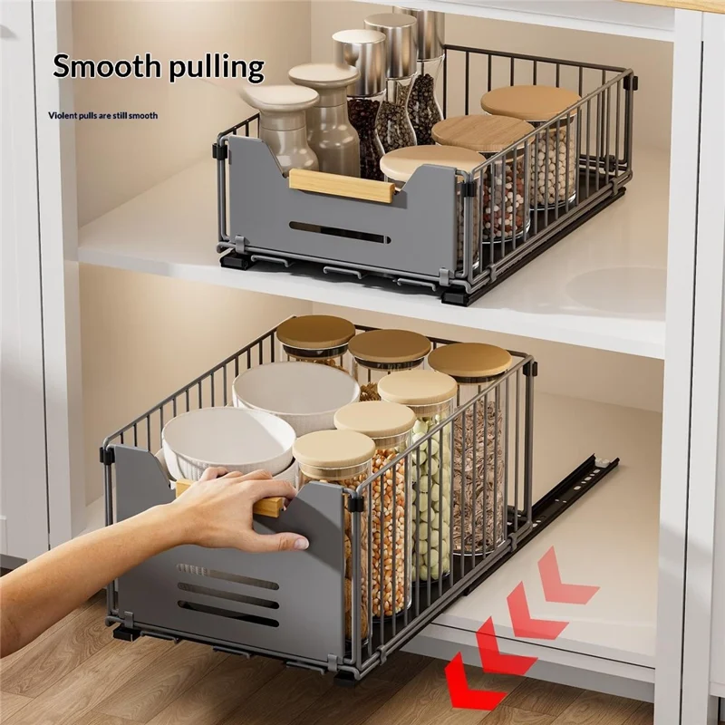 Size S 24.5 x 37.5 x 12cm Pull Out Kitchen Cabinet Organizer Rack Slide Drawer Basket - Grey