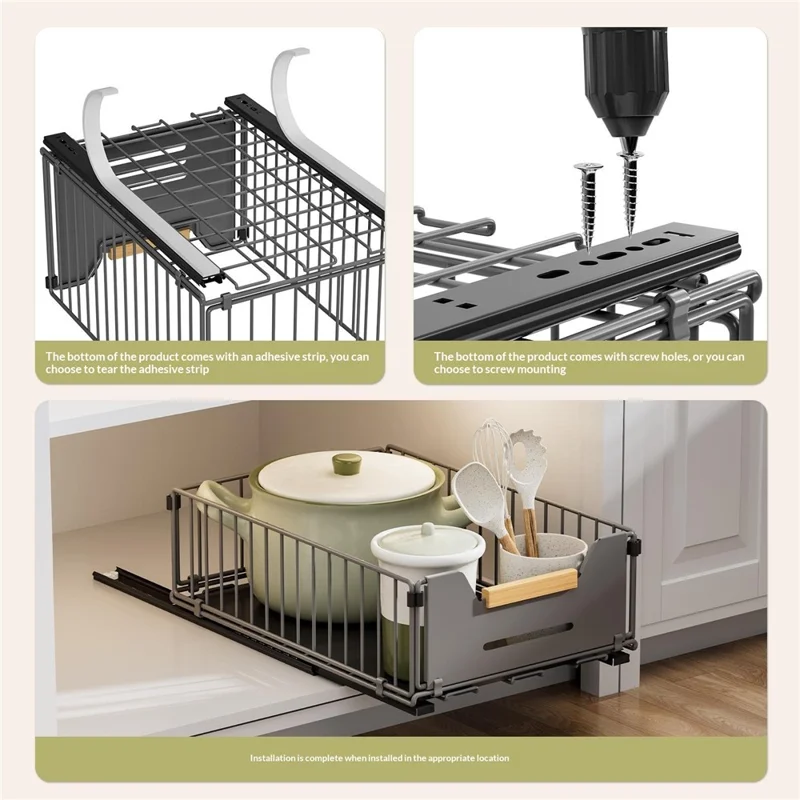 Size S 24.5 x 37.5 x 12cm Pull Out Kitchen Cabinet Organizer Rack Slide Drawer Basket - Grey