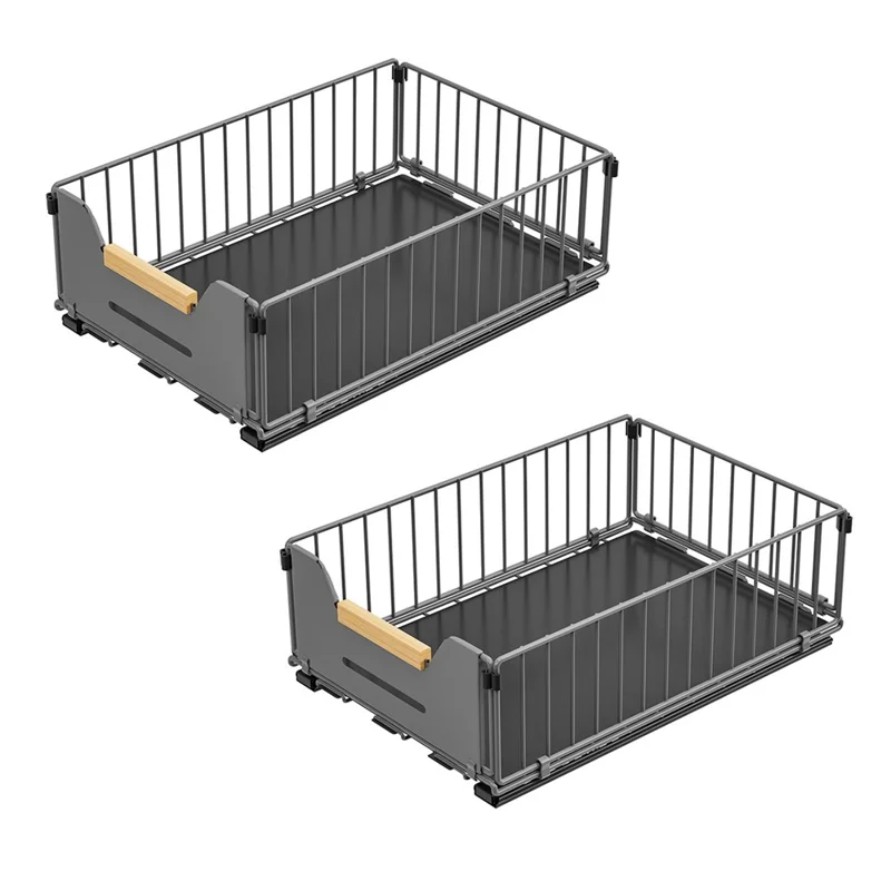 2Pcs Size S 24.5 x 37.5 x 12cm Pull Out Kitchen Cabinet Organizer Rack Slide Drawer Basket - Grey