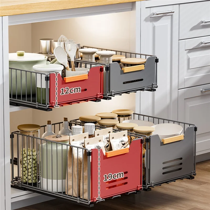 2Pcs Size S 24.5 x 37.5 x 12cm Pull Out Kitchen Cabinet Organizer Rack Slide Drawer Basket - Grey