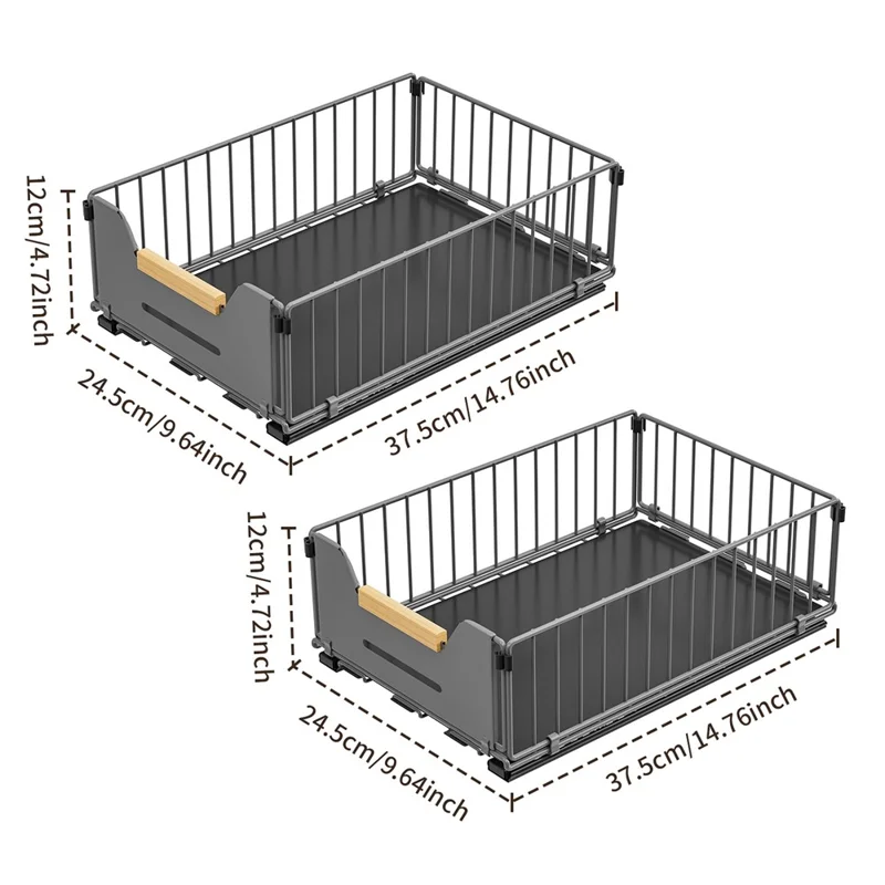 2Pcs Size S 24.5 x 37.5 x 12cm Pull Out Kitchen Cabinet Organizer Rack Slide Drawer Basket - Grey