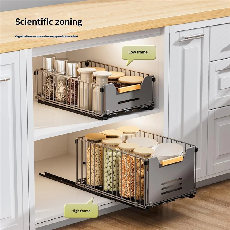2Pcs Size L 24.5 x 37.5 x 1Pcm Pull Out Kitchen Cabinet Organizer Rack Slide Drawer Basket - Grey