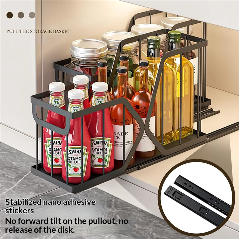 Kitchen Pull Out Drawer Organizer X-Type Slide Storage Basket, Size L - Black