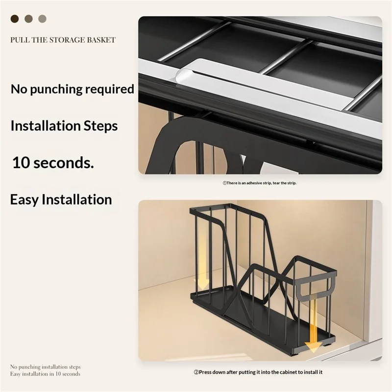 2Pcs Kitchen Pull Out Storage Basket X-Type Slide Organizer Rack, Size S + Size L - Black