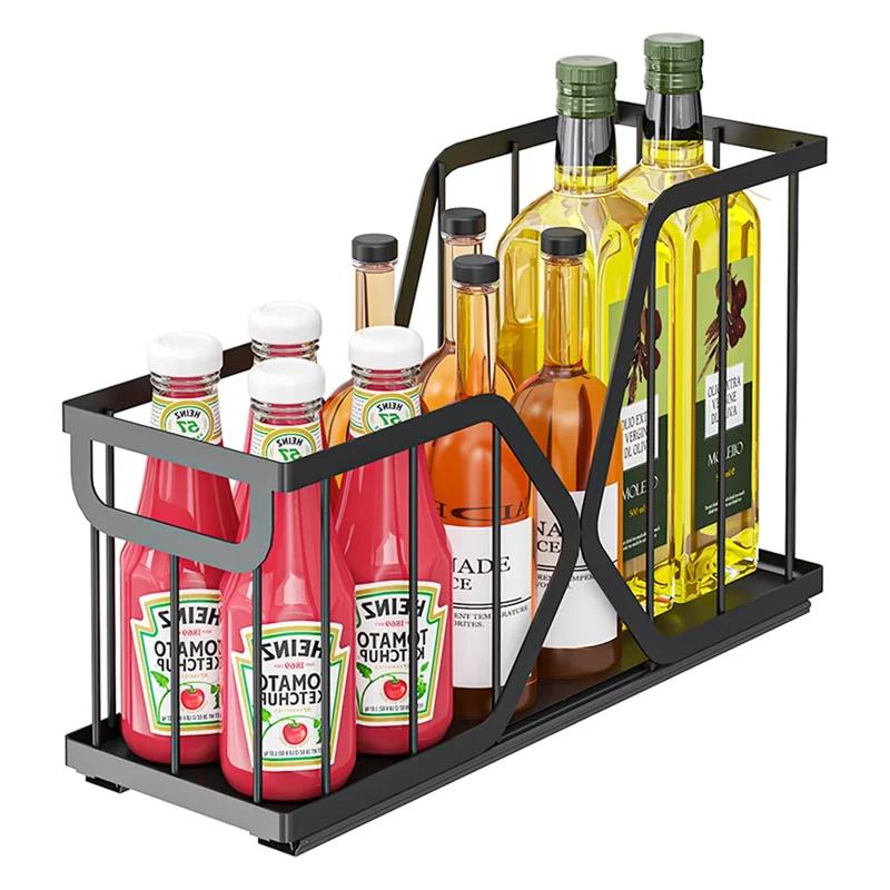 2Pcs Kitchen Pull Out Storage Basket X-Type Slide Organizer Rack, Size S + Size L - Black