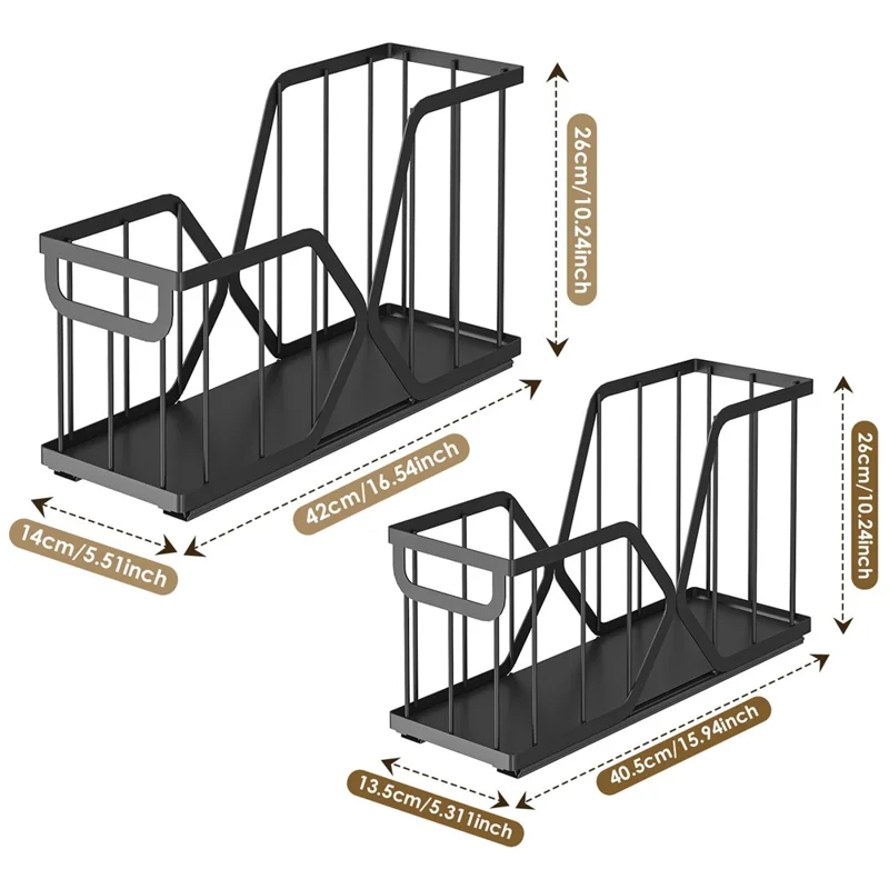 2Pcs Kitchen Pull Out Storage Basket X-Type Slide Organizer Rack, Size S + Size L - Black