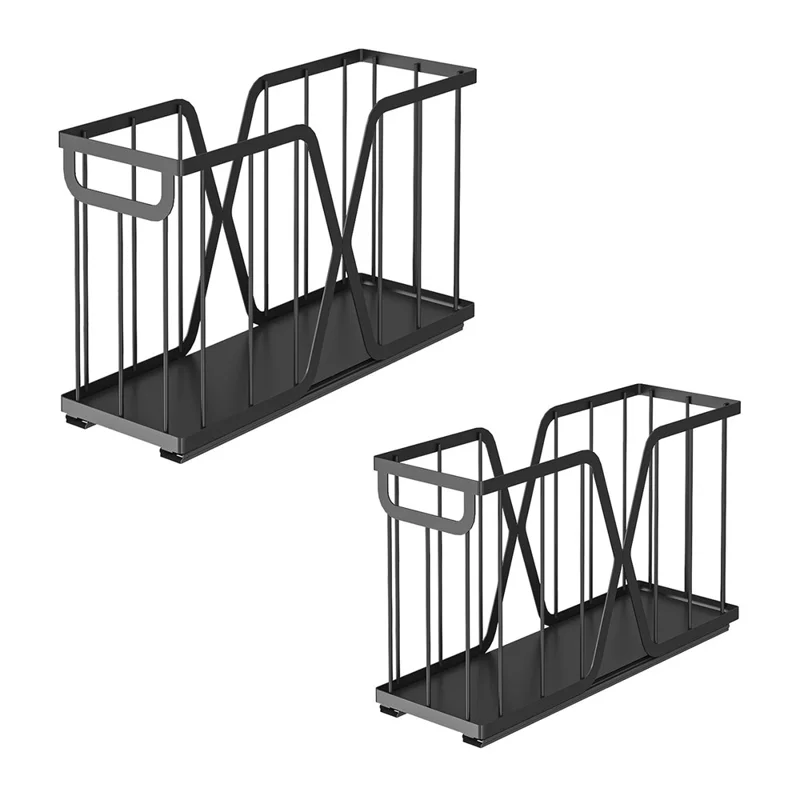 2Pcs Kitchen Drawer Pull-Out Storage Basket X Frame Narrow Space Organizer, Size S + Size L - Black